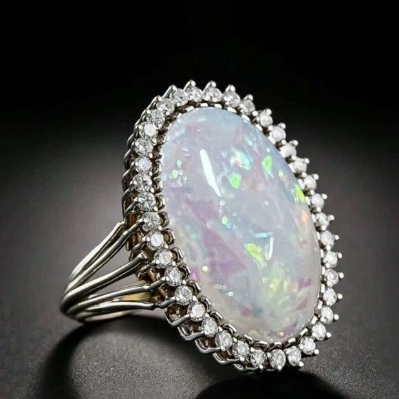 6ct Oval Cut Lab-Created Fire Opal Cluster Engagement Ring 14K White Gold Plated - Picture 2 of 6